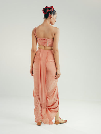 The Dotted One-Shoulder Bustier and Draped Dhoti Skirt Set