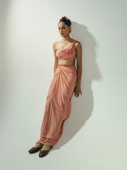 The Dotted One-Shoulder Bustier and Draped Dhoti Skirt Set