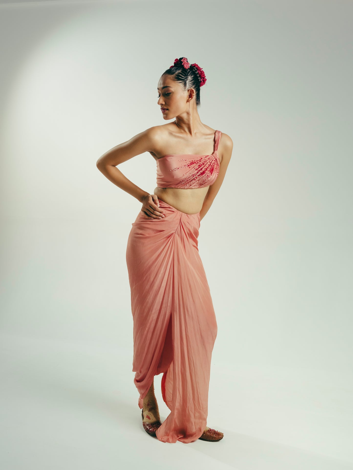 The Dotted One-Shoulder Bustier and Draped Dhoti Skirt Set